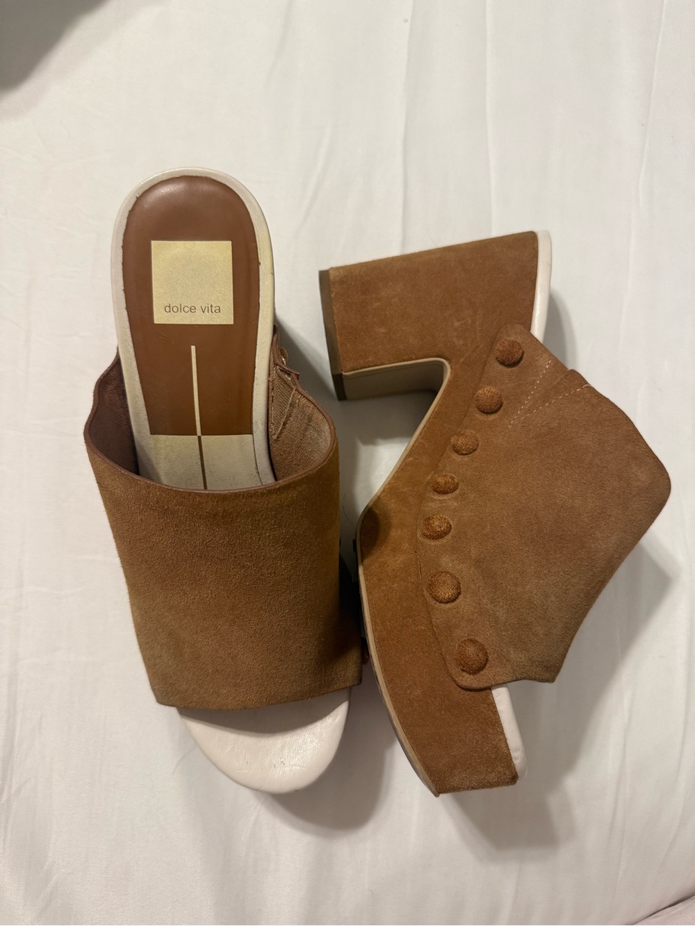 Dolce Vita Brown Suede Button-Accent Block Heel Mules